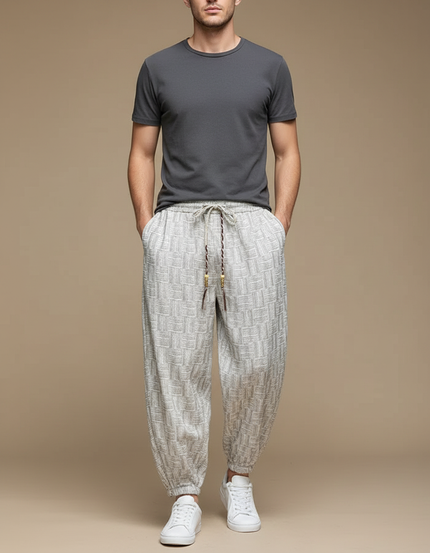 Pantalon Chinois Harem Lin Ample Motif Géométrique Clair - Gris