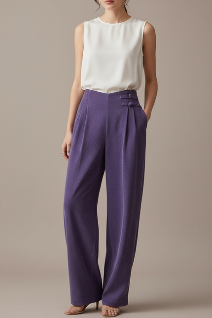Pantalon Chinois Violet Plissé Ample Boutons Femme - Viscose