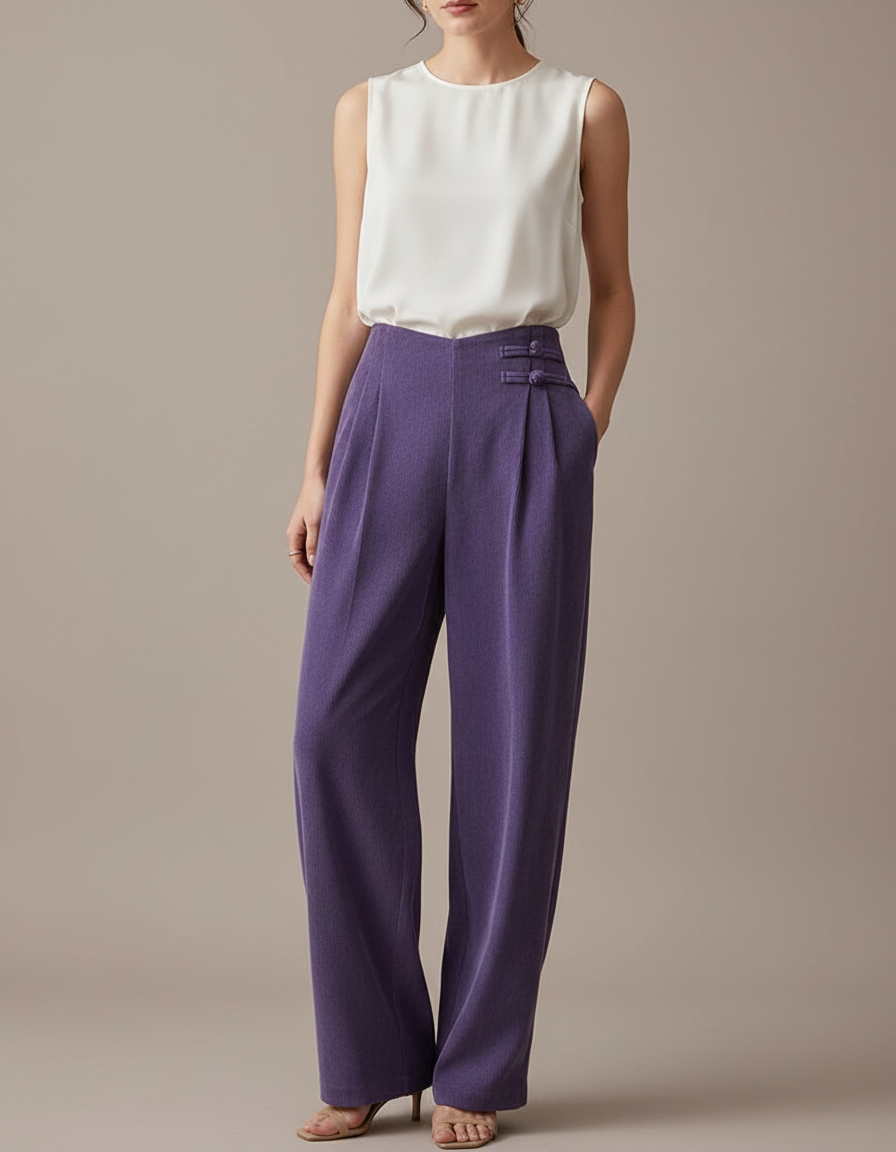 Pantalon Chinois Violet Plissé Ample Boutons Femme - Viscose