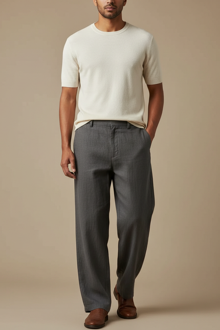 Pantalon Chinois Gris Décontracté Ample Homme Droit Simple - Laine