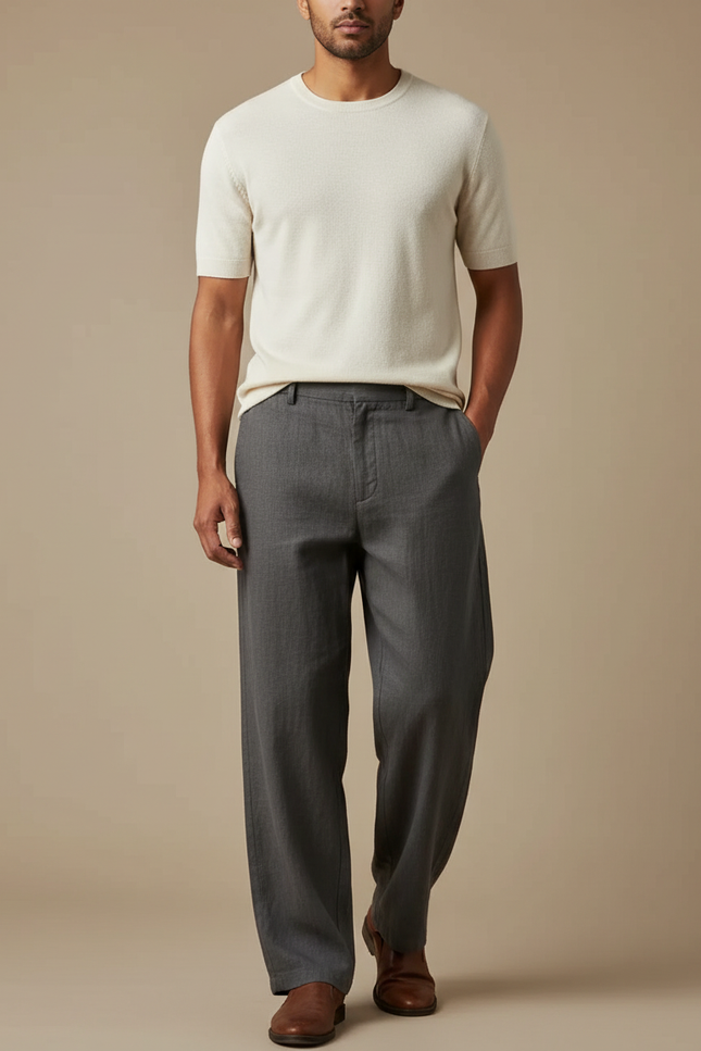 Pantalon Chinois Gris Décontracté Ample Homme Droit Simple - Laine