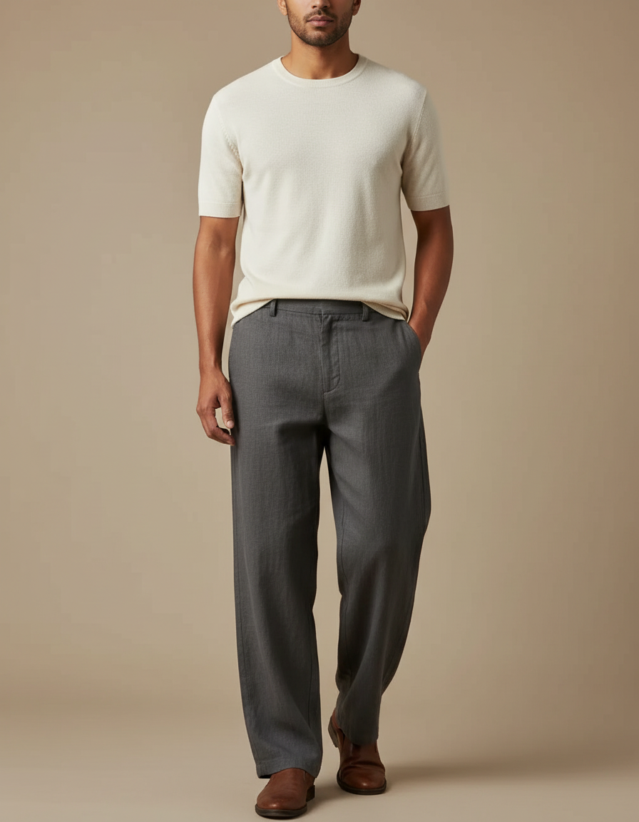 Pantalon Chinois Gris Décontracté Ample Homme Droit Simple - Laine