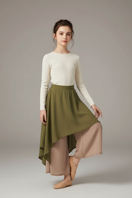 Pantalon Chinois Vert Fluide Jupe Superposée Élégant - Beige Viscose
