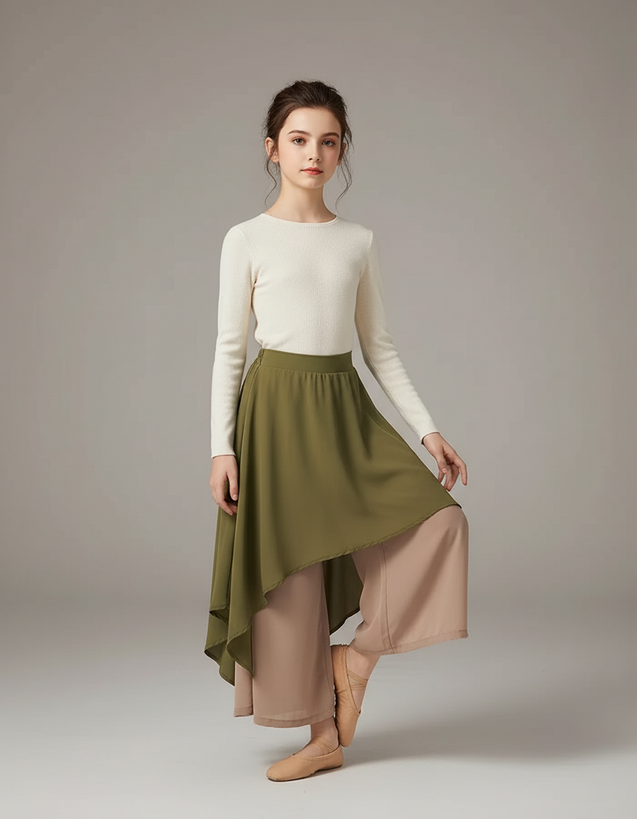 Pantalon Chinois Vert Fluide Jupe Superposée Élégant - Beige Viscose