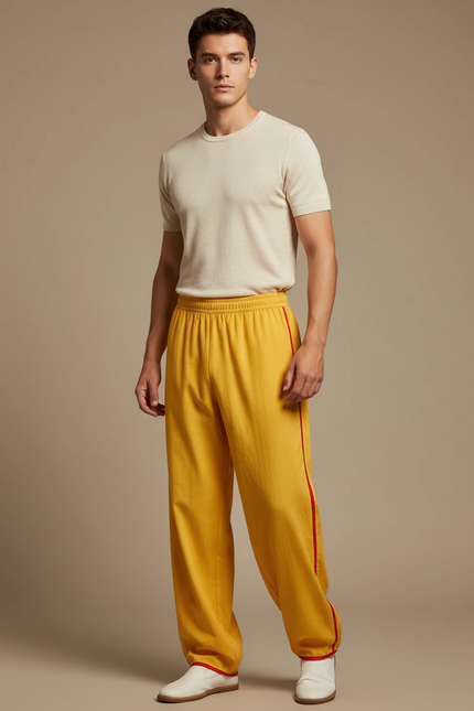 Pantalon Chinois Jaune Ample Bandes Rouges Sport - Molleton