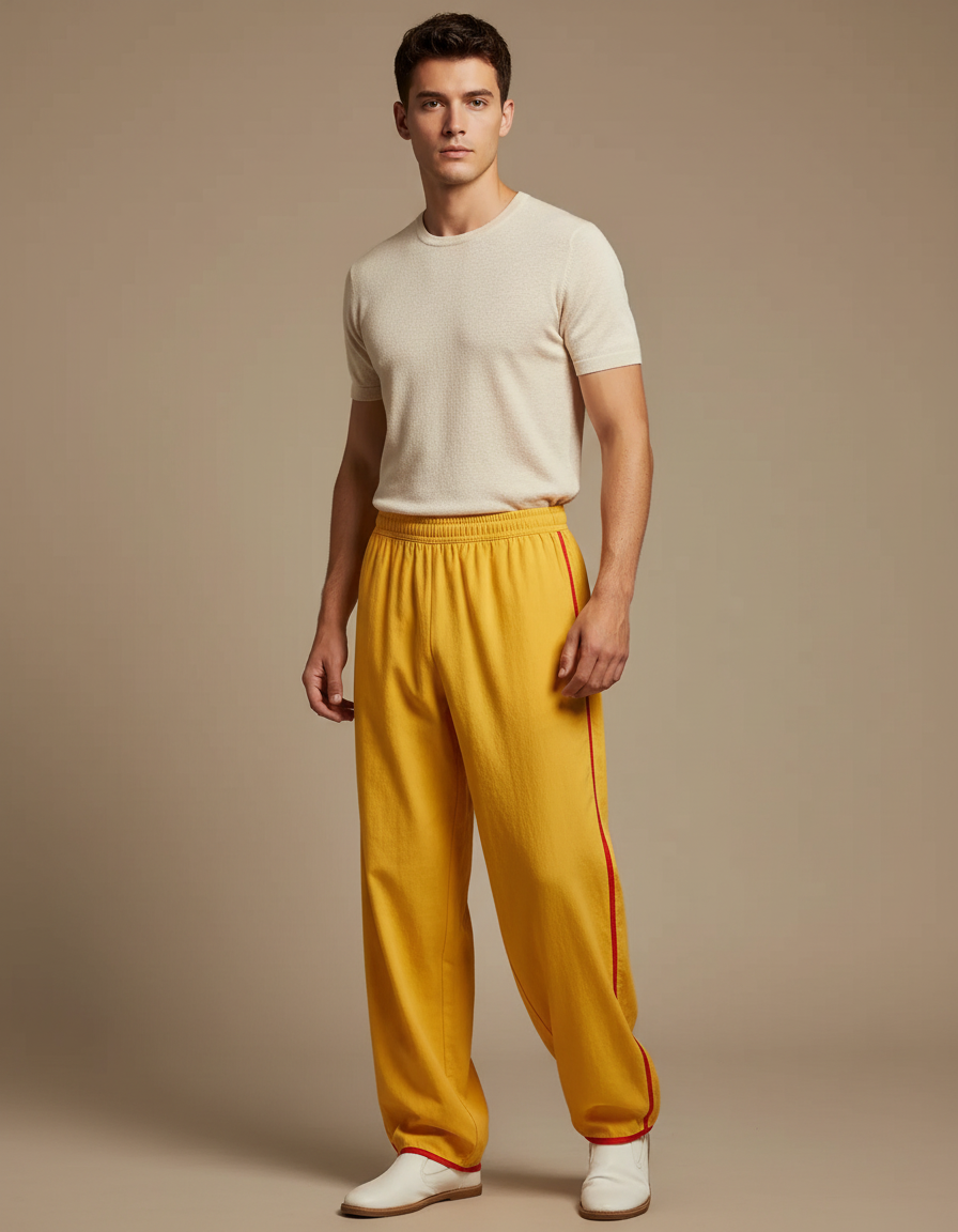 Pantalon Chinois Jaune Ample Bandes Rouges Sport - Molleton