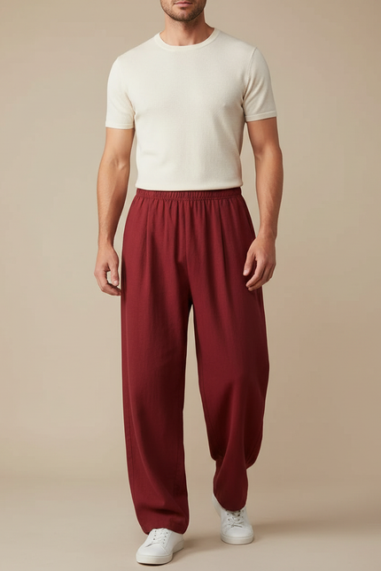 Pantalon Chinois Bordeaux Ample Lin Décontracté Homme