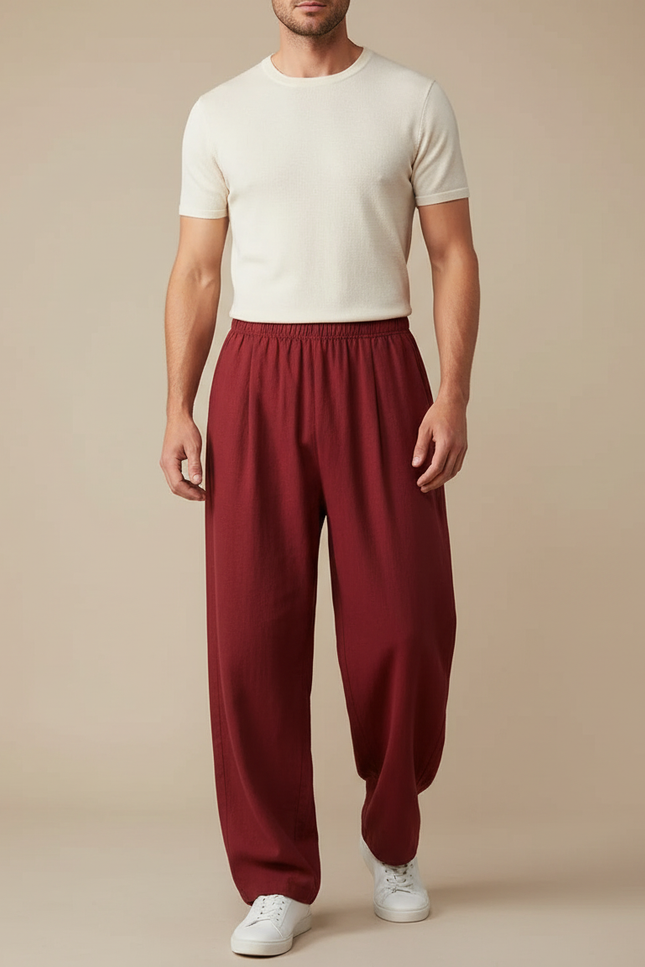 Pantalon Chinois Bordeaux Ample Lin Décontracté Homme