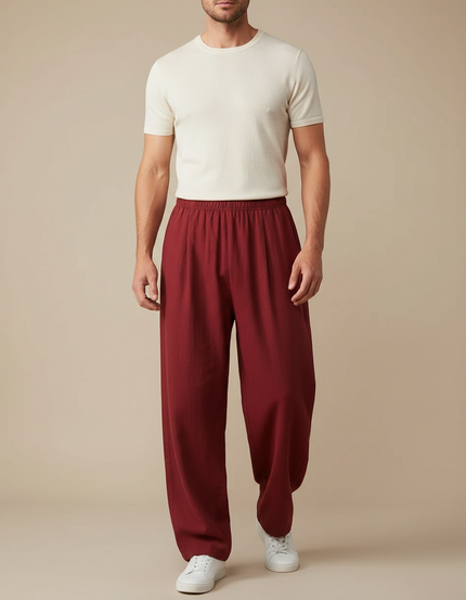 Pantalon Chinois Bordeaux Ample Lin Décontracté Homme