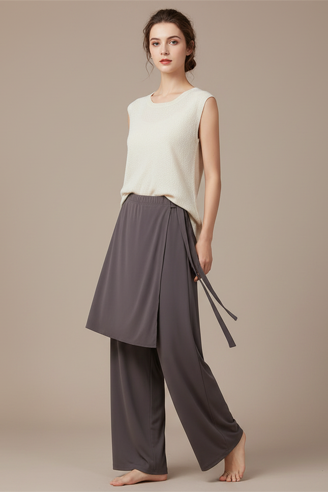 Pantalon Chinois Gris Fluide Ample Moderne Femme - Polyester