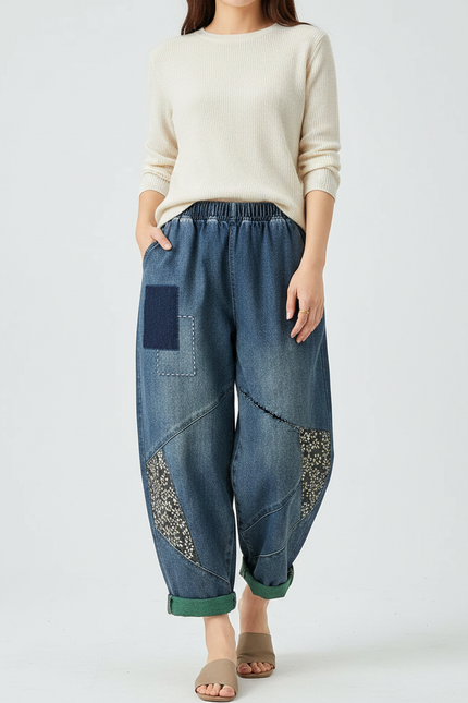 Pantalon Chinois Denim Imprimé Patchwork Ample Femme - Bleu Jean