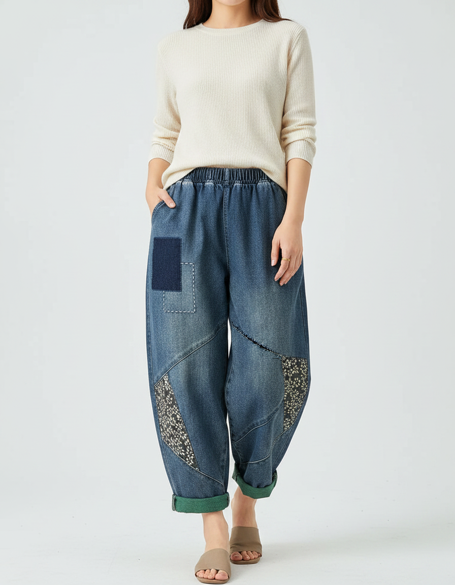 Pantalon Chinois Denim Imprimé Patchwork Ample Femme - Bleu Jean