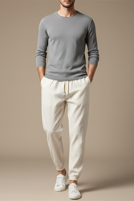 Pantalon Chinois Lin Cordon Beige Ample Décontracté