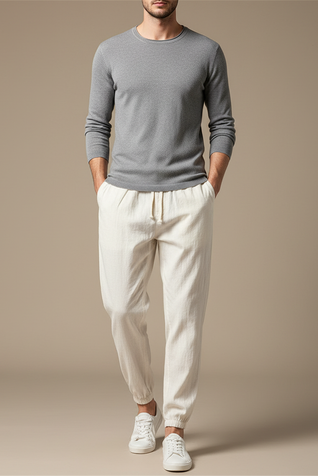 Pantalon Chinois Lin Cordon Beige Ample Décontracté