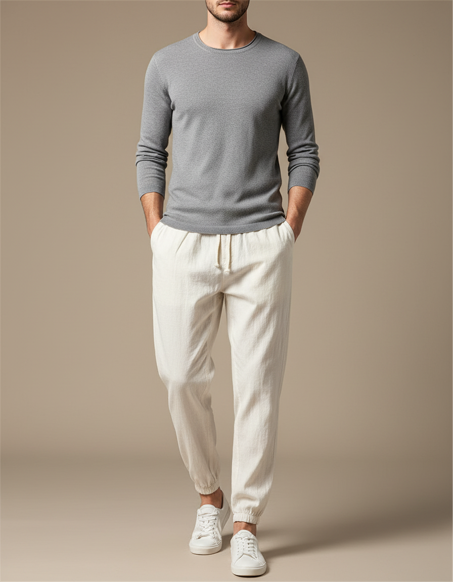 Pantalon Chinois Lin Cordon Beige Ample Décontracté