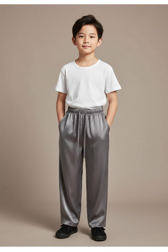 Pantalon Chinois Gris Satiné Ample Fluide Enfant