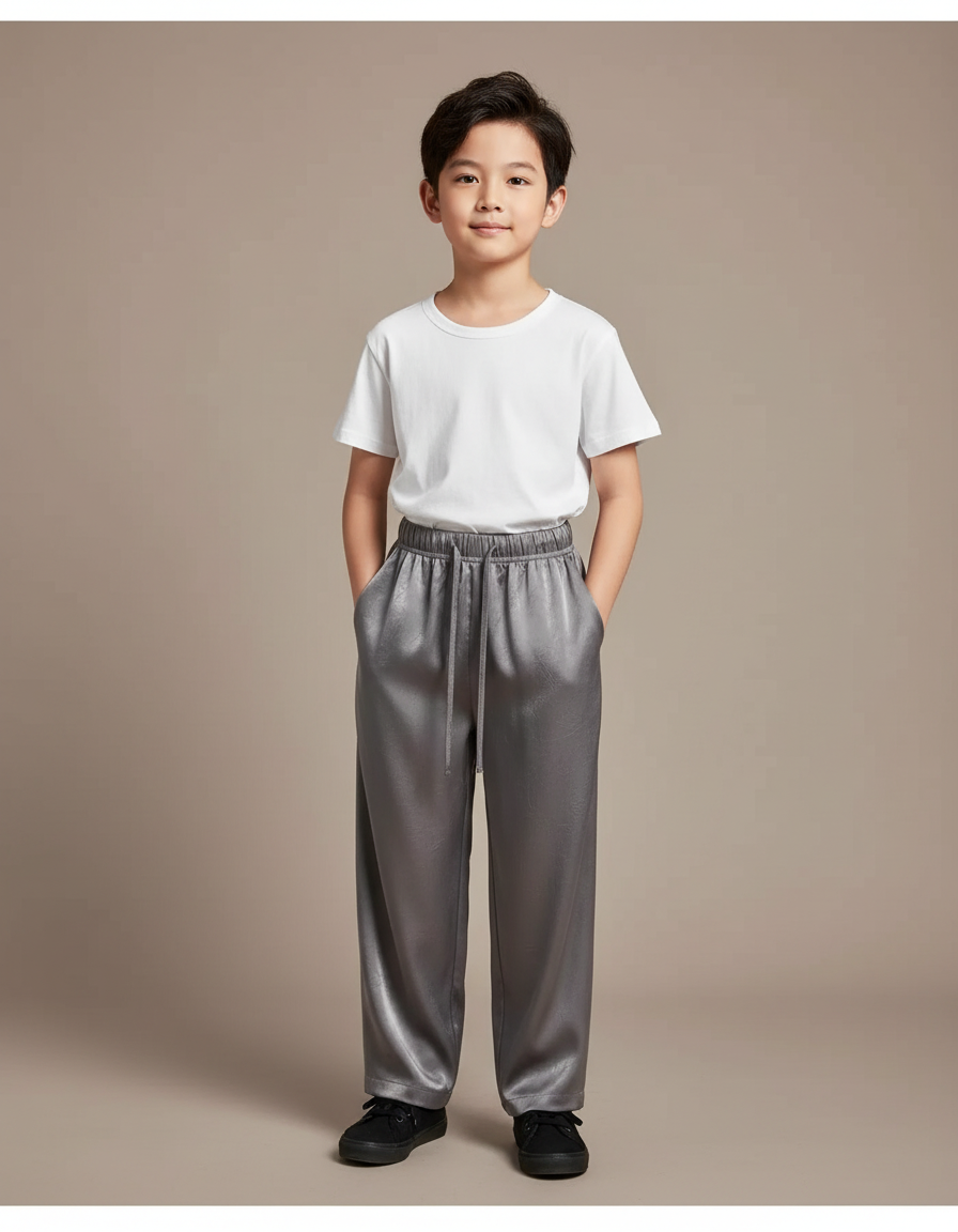 Pantalon Chinois Gris Satiné Ample Fluide Enfant