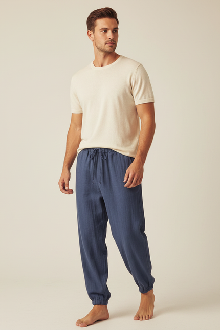 Pantalon Chinois Bleu Lin Ample Confortable Décontracté