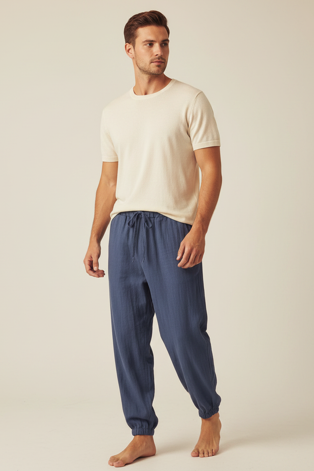 Pantalon Chinois Bleu Lin Ample Confortable Décontracté