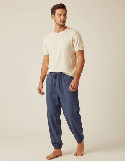 Pantalon Chinois Bleu Lin Ample Confortable Décontracté