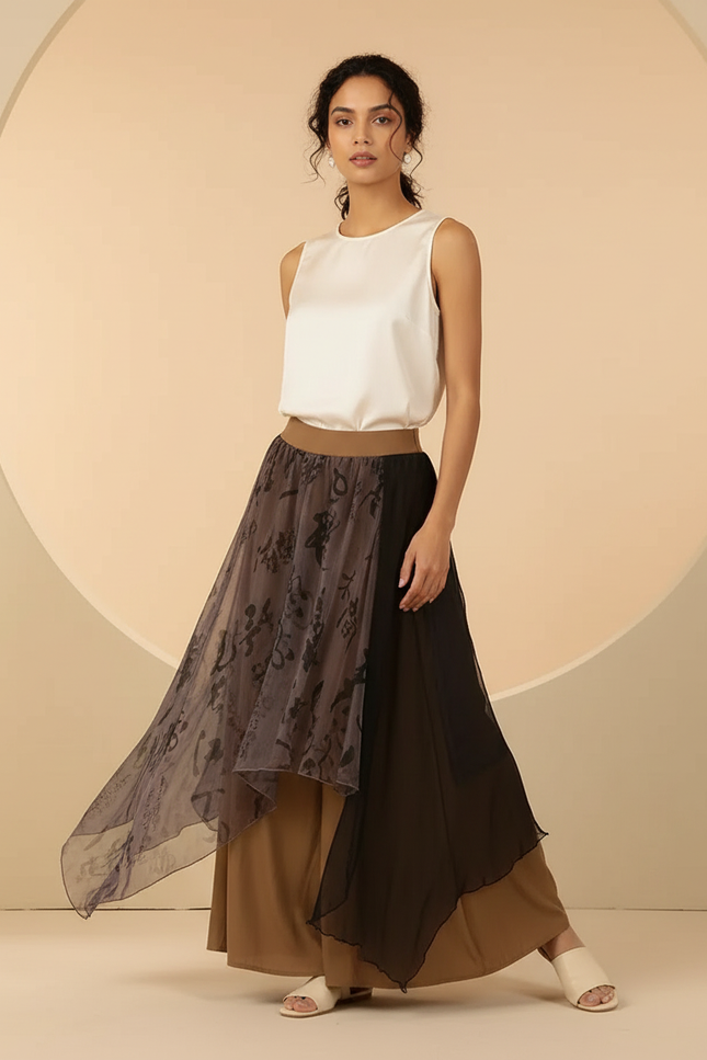 Pantalon Chinois Gaze Irrégulier Jupe Fluide Femme - Camel Viscose