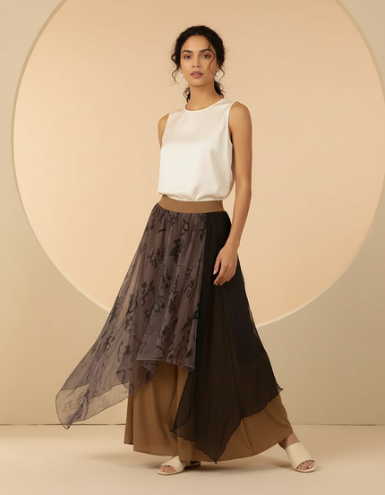 Pantalon Chinois Gaze Irrégulier Jupe Fluide Femme - Camel Viscose