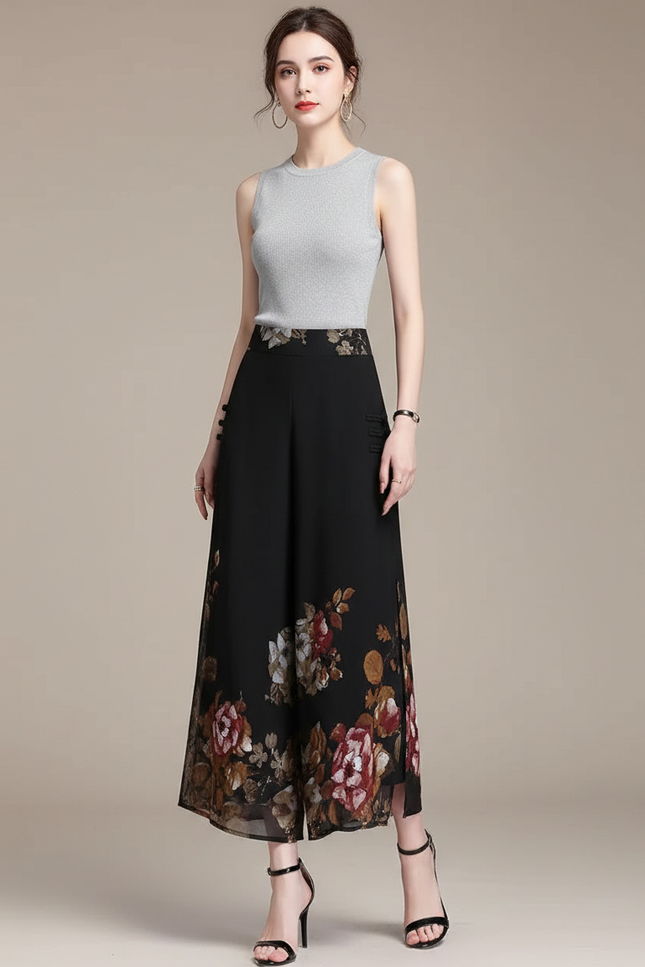 Pantalon Chinois Noir Chiffon Floral Ample Femme - Polyester