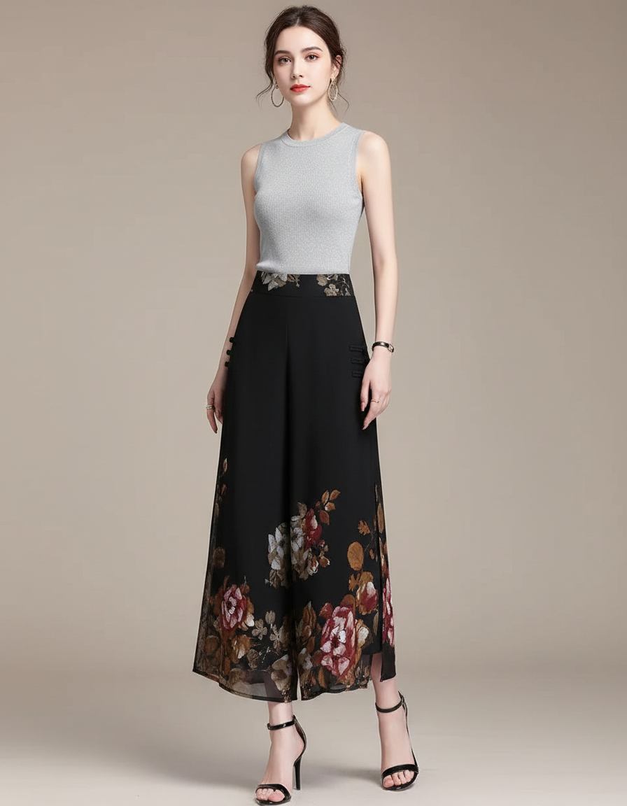 Pantalon Chinois Noir Chiffon Floral Ample Femme - Polyester