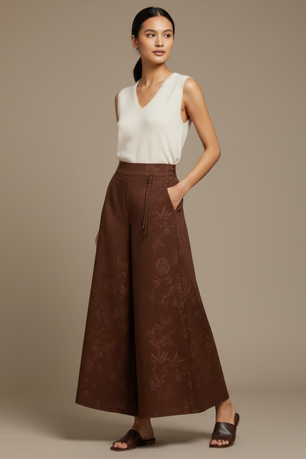 Pantalon Chinois Marron Ample Jacquard Fluide Élégant - Polyester