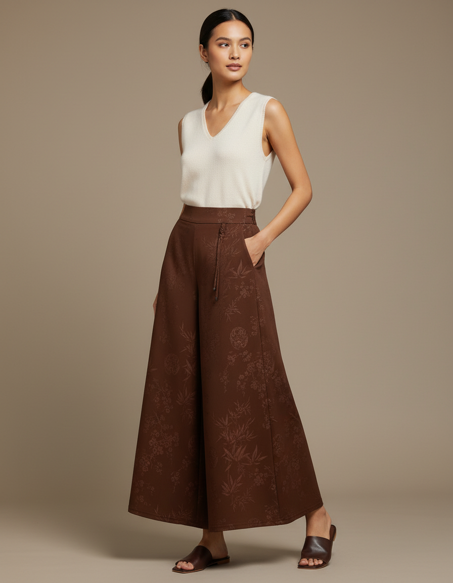 Pantalon Chinois Marron Ample Jacquard Fluide Élégant - Polyester