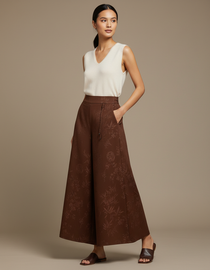 Pantalon Chinois Marron Ample Jacquard Fluide Élégant - Polyester
