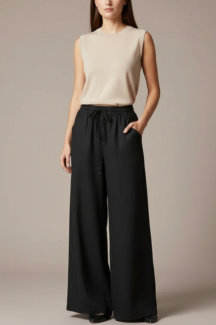 Pantalon Chinois Noir Ample Fluide Coton Lin
