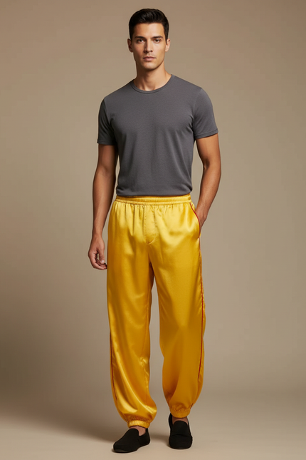 Pantalon Chinois Jaune Satin Ample Bandes Rouges