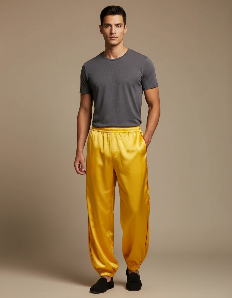 Pantalon Chinois Jaune Satin Ample Bandes Rouges
