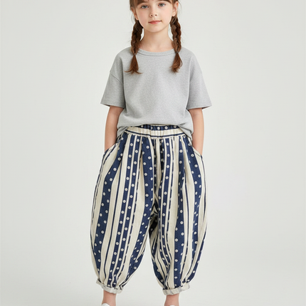 Pantalon Chinois Harem Rayé Pois Ample Enfant - Imprimé Lin