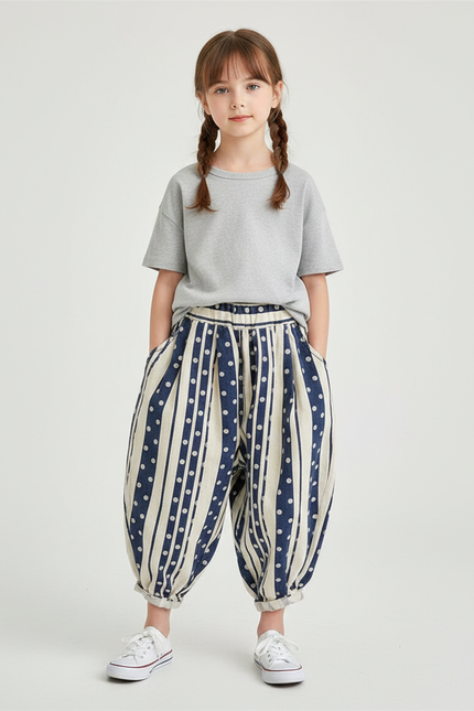 Pantalon Chinois Harem Rayé Pois Ample Enfant - Imprimé Lin