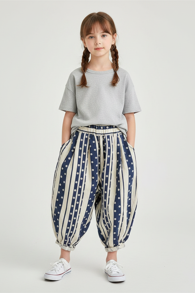 Pantalon Chinois Harem Rayé Pois Ample Enfant - Imprimé Lin