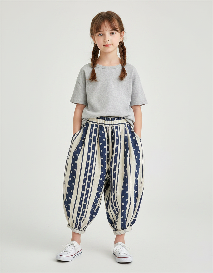 Pantalon Chinois Harem Rayé Pois Ample Enfant - Imprimé Lin