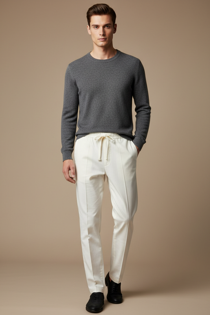 Pantalon Chinois Crème Lin Cordon Décontracté Homme - Beige