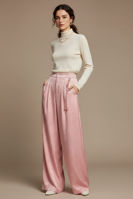 Pantalon Chinois Rose Jacquard Satin Ample Élégant Femme