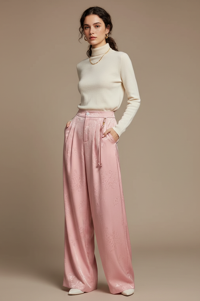 Pantalon Chinois Rose Jacquard Satin Ample Élégant Femme