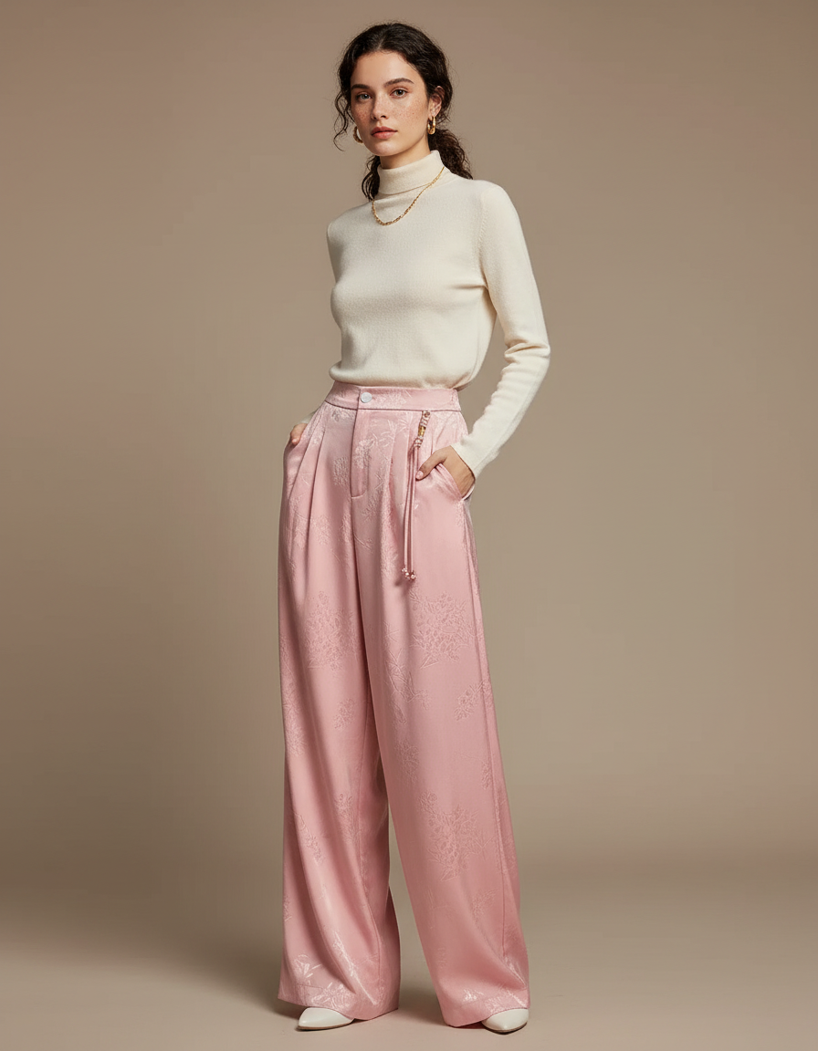 Pantalon Chinois Rose Jacquard Satin Ample Élégant Femme