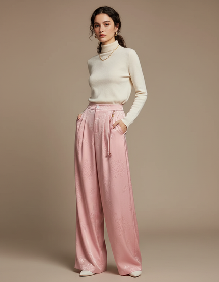 Pantalon Chinois Rose Jacquard Satin Ample Élégant Femme
