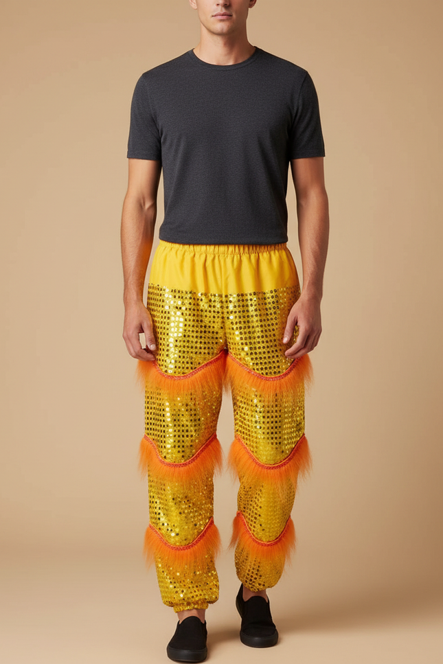 Pantalon Chinois Scintillant Doré Fourrure Orange Homme - Polyester