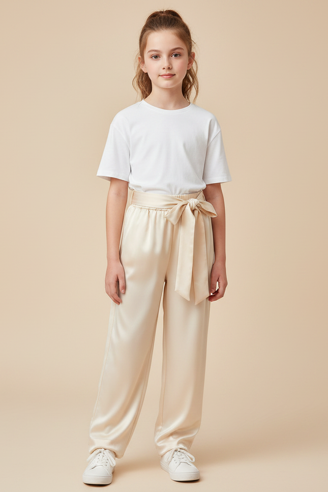 Pantalon Chinois Crème Satiné Ample Ceinturé Élégant - Beige