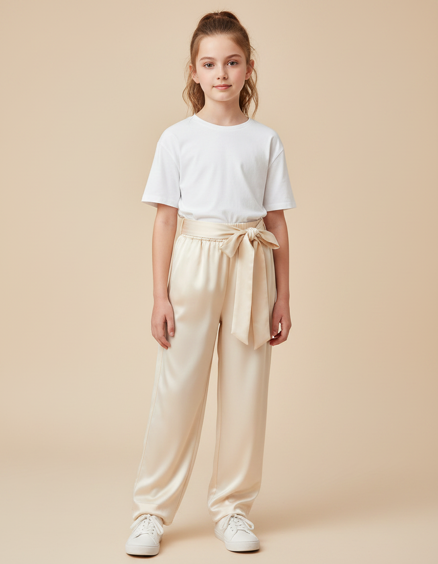 Pantalon Chinois Crème Satiné Ample Ceinturé Élégant - Beige