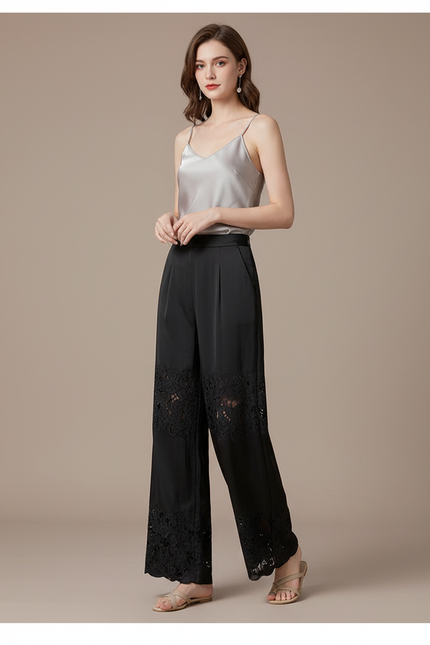 Pantalon Chinois Noir Dentelle Fluide Élégant Femme - Satin