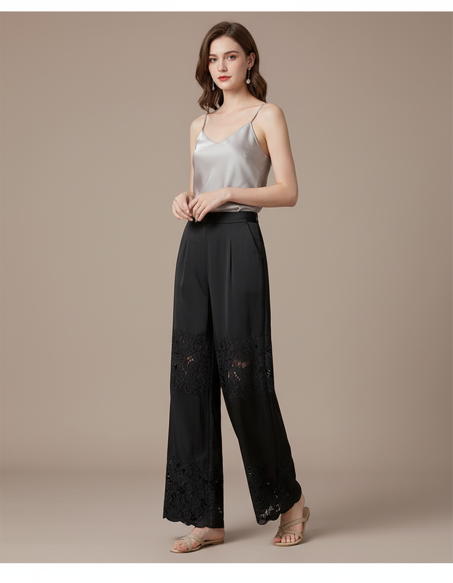 Pantalon Chinois Noir Dentelle Fluide Élégant Femme - Satin