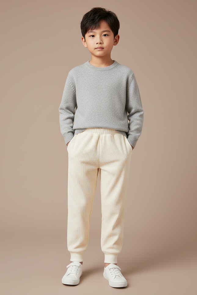 Pantalon Chinois Crème Côtelé Confortable Décontracté Enfant - Beige Cordé