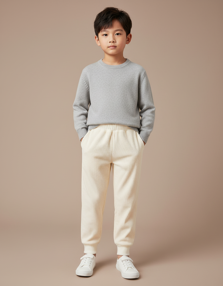 Pantalon Chinois Crème Côtelé Confortable Décontracté Enfant - Beige Cordé